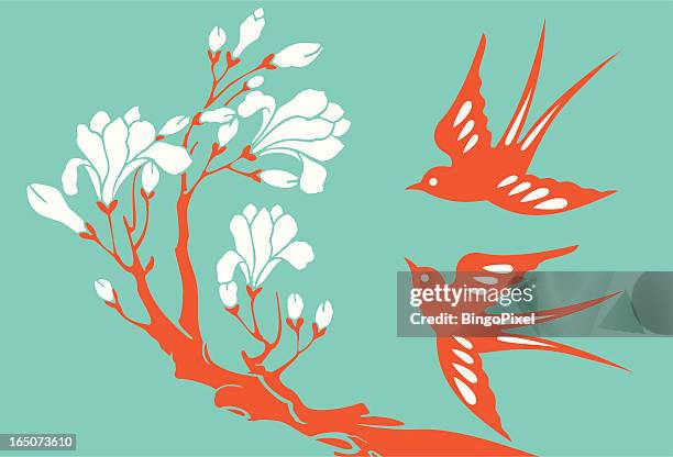 swallows & magnolia - chinoiserie stock illustrations