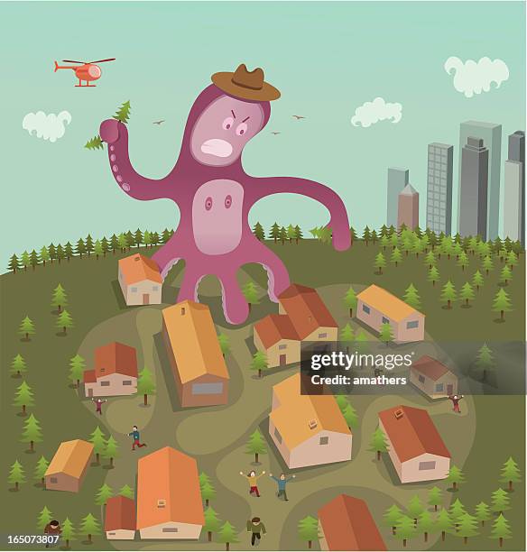 giant octopus destroying small village with people running away - uprooted plant stock illustrations