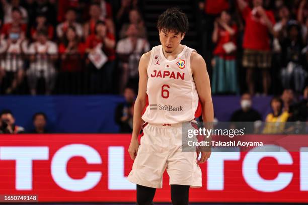 Makoto Hiejima of Japan celebrates a three point basket during the FIBA Basketball World Cup Classification 17-32 Group O game between Japan and...