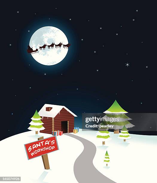 santa's workshop with reindeer flying overhead - santas workshop stock illustrations