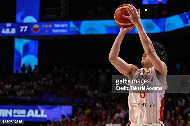 Makoto Hiejima of Japan shoots a three point shot during the FIBA Basketball World Cup Classification 17-32 Group O game between Japan and Venezuela...