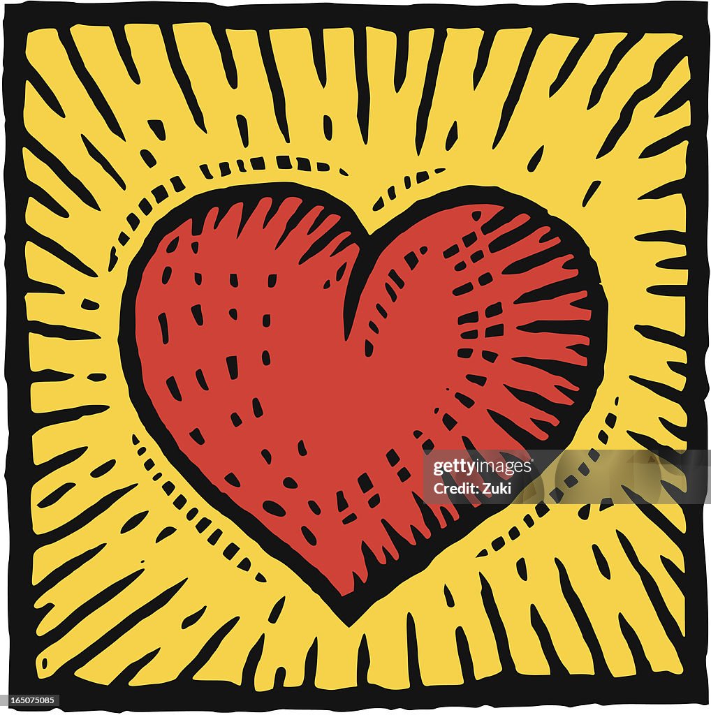 Graphic image of a red heart on a yellow background