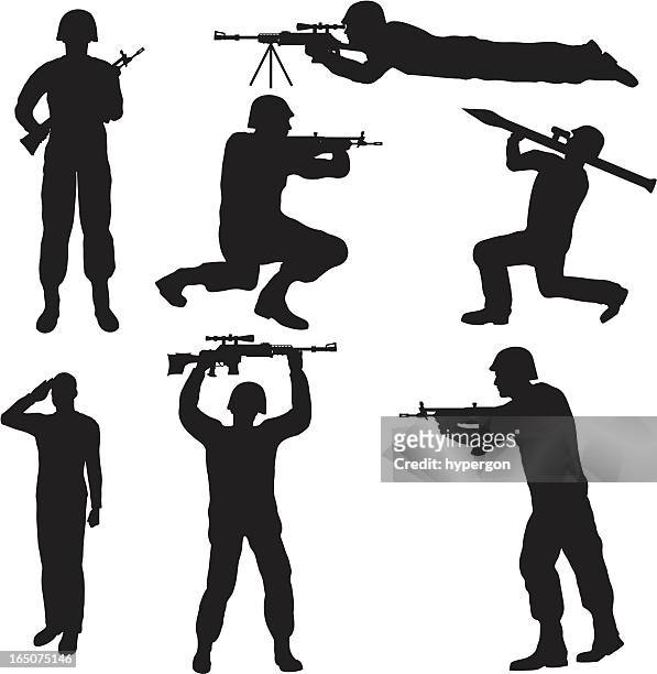 soldier silhouette collection (vector+jpg) - rocket launcher stock illustrations