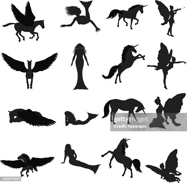 stockillustraties, clipart, cartoons en iconen met fantasy silhouette collection (vector+jpg) - mermaid