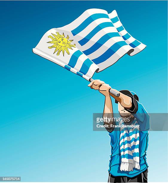 uruguay waving flag soccer fan - uruguay art stock illustrations