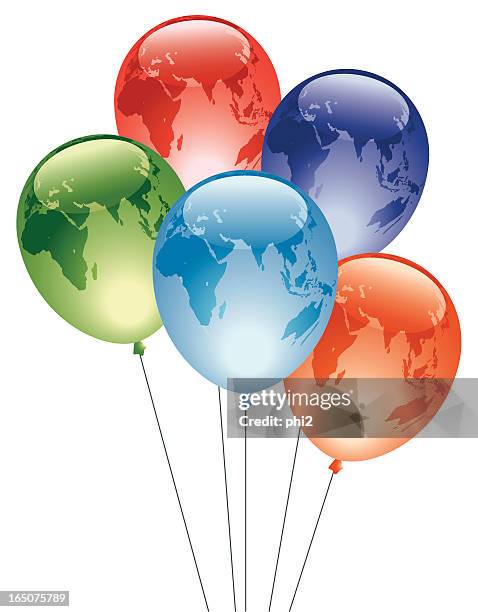 colorful balloons with world maps vector - translucent balloon stock illustrations