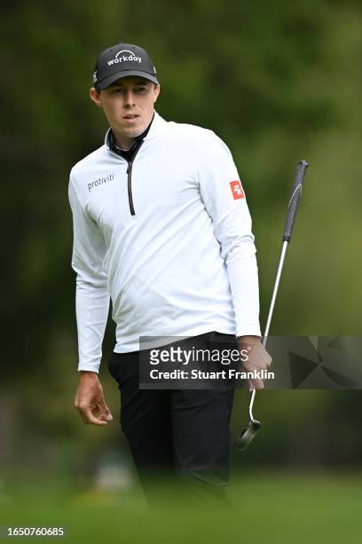 Matt Fitzpatrick of England looks on from the 6th green during Day One of the Omega European Masters at Crans-sur-Sierre Golf Club on August 31, 2023...