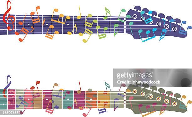 an image of two guitar necks and colorful music notes - country and western music stock illustrations