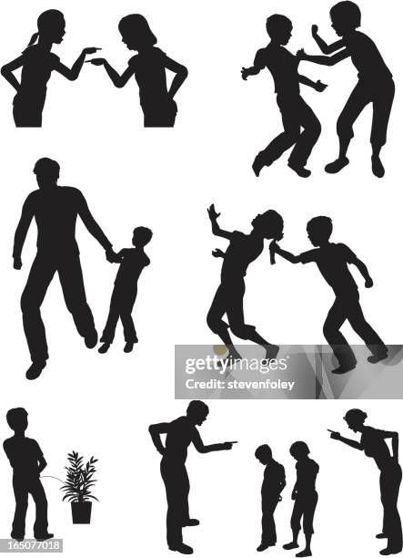 collection of silhouettes of arguing children - family with two children stock illustrations