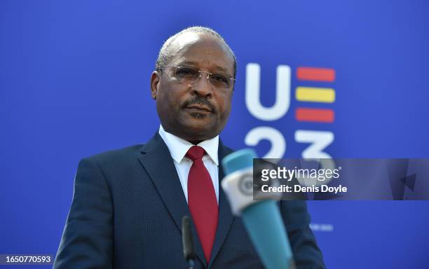 Hassoumi Massoudou, Foreign Minister of Niger addresses members of the media during the EU Foreign Ministers informal meeting on August 31, 2023 in...