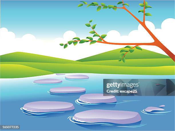 ilustraciones, imágenes clip art, dibujos animados e iconos de stock de río con piedras paso. - subir escaleras