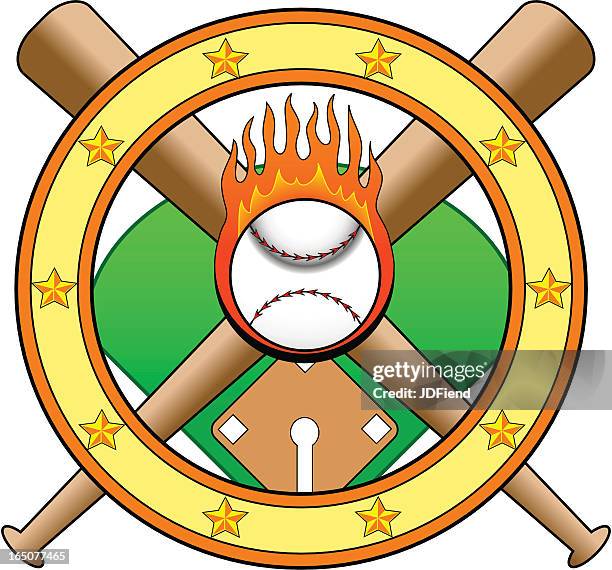flaming baseball emblem - baseball field stock illustrations