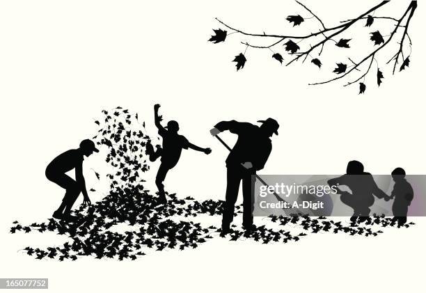 autumn family chores vector silhouette - man raking leaves stock illustrations