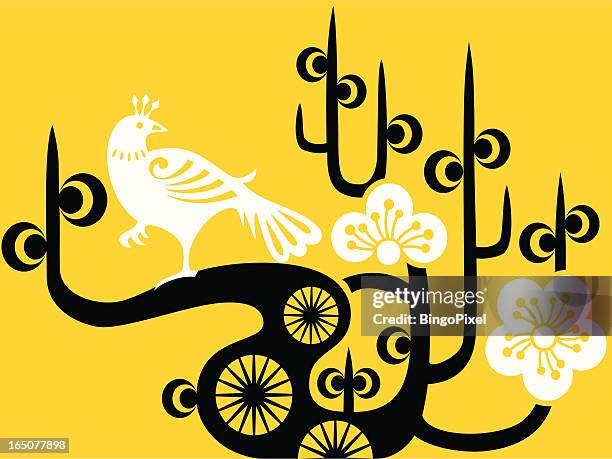 bird & plum blossom - magpie stock illustrations