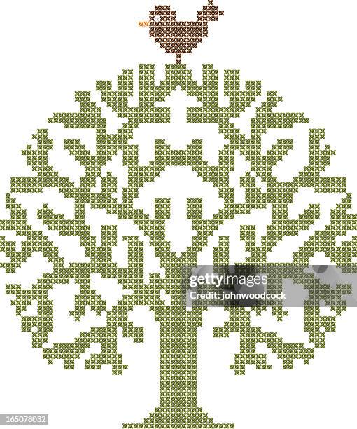 embroidery tree and bird. - cross stitch stock illustrations