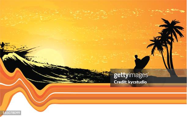 illustrazioni stock, clip art, cartoni animati e icone di tendenza di surfisti al tramonto - surfing stock illustrations