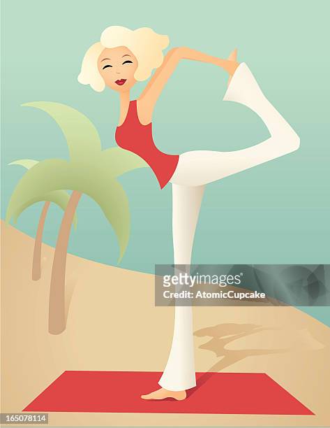 lord of the dance yoga pose on beach, retro style - blonde attraction stock illustrations