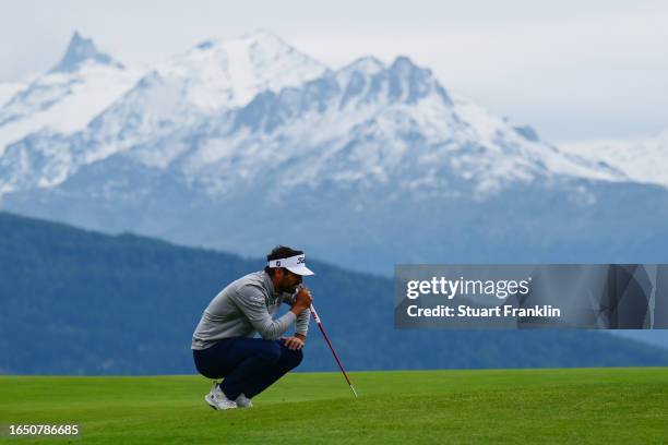 Antoine Rozner of France lines up a putt on the 7th green during Day One of the Omega European Masters at Crans-sur-Sierre Golf Club on August 31,...