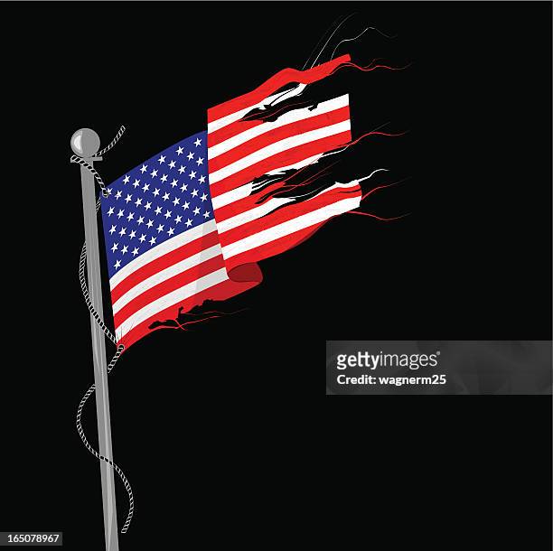 stockillustraties, clipart, cartoons en iconen met illustration of a tattered flag against a black background - betsy ross flag