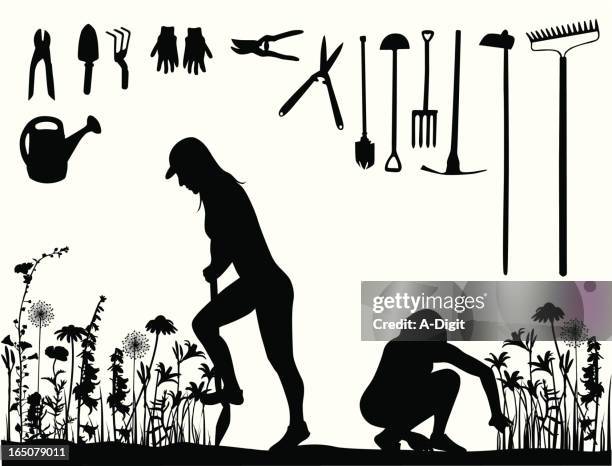 ilustrações, clipart, desenhos animados e ícones de jardinagem - enxada-equipamento-de-jardinagem