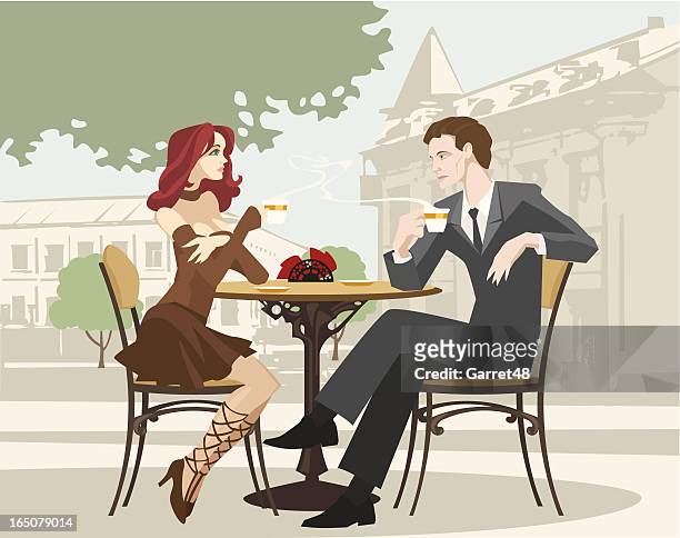 stockillustraties, clipart, cartoons en iconen met portrait of couple drinking coffee at outdoor cafe - hot drink