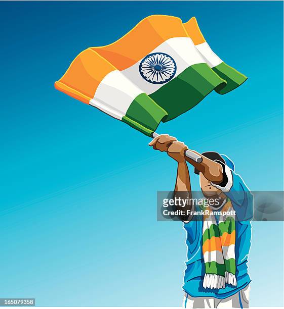 indien winken flagge fußball-fan - indien stock-grafiken, -clipart, -cartoons und -symbole