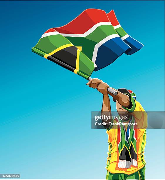 südafrika winken flagge fußball-fan - south africa flag stock-grafiken, -clipart, -cartoons und -symbole