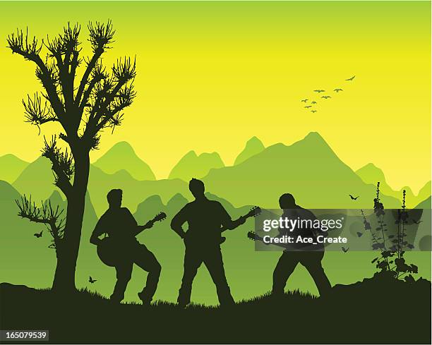 guitar group in the mountains - emo guy stock illustrations