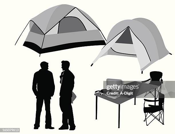 happy camping vector silhouette - camping friends stock illustrations