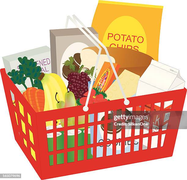 supermarkt-einkaufswagen und lebensmittel - einkaufskorb stock-grafiken, -clipart, -cartoons und -symbole