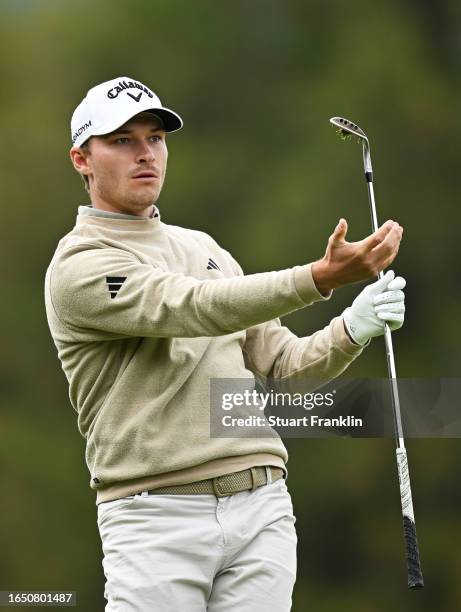 Rasmus Hojgaard of Denmark reacts on the 12th hole during Day One of the Omega European Masters at Crans-sur-Sierre Golf Club on August 31, 2023 in...