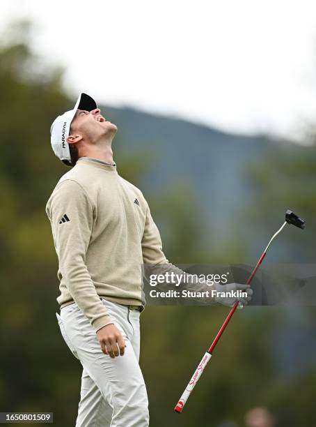 Rasmus Hojgaard of Denmark reacts on the 12th hole during Day One of the Omega European Masters at Crans-sur-Sierre Golf Club on August 31, 2023 in...