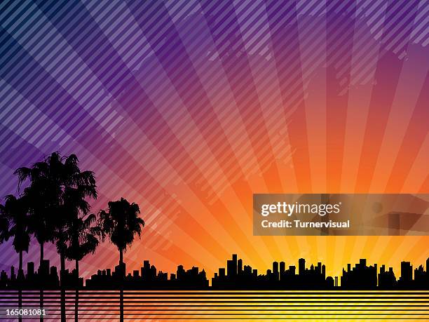 sunset city background - california palm tree stock illustrations