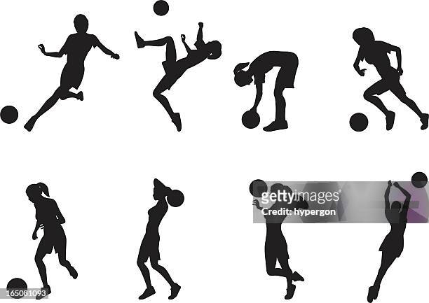 women soccer silhouettes - taking a shot sport stock illustrations
