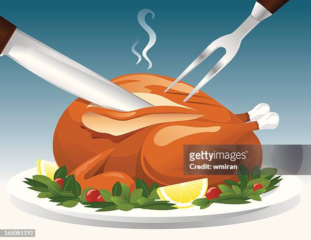 stockillustraties, clipart, cartoons en iconen met cartoon depiction of carving a turkey - steaming vegtables