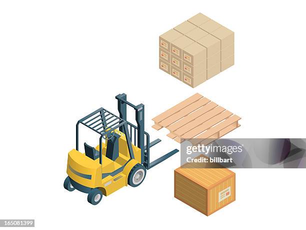 stockillustraties, clipart, cartoons en iconen met 3d vector image of a forklift, skid and crates on white - crate