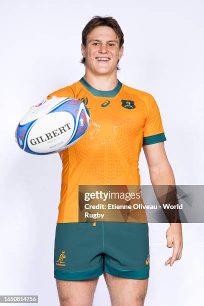 Tom Hooper of Australia poses for a portrait during the Australia Rugby World Cup 2023 Squad photocall on August 30, 2023 in Saint-Etienne, France.