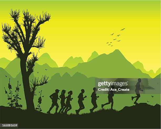 jogging in the mountains - sports training stock illustrations