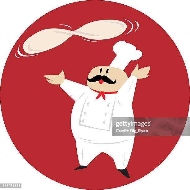 pizza restaurant logo featuring chef spinning pizza base - yeast stock illustrations