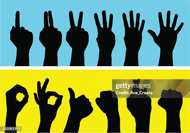 silhouette hands using sign language to count - three animals stock illustrations
