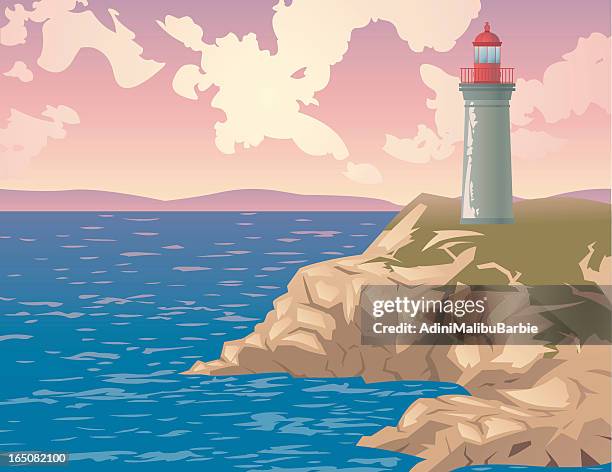 comic leuchtturm auf der klippe mit blick auf das wasser - yachthafen stock-grafiken, -clipart, -cartoons und -symbole