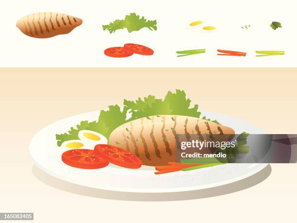 ilustraciones, imágenes clip art, dibujos animados e iconos de stock de pechuga de pollo a la parrilla con verduras - pollo a la plancha