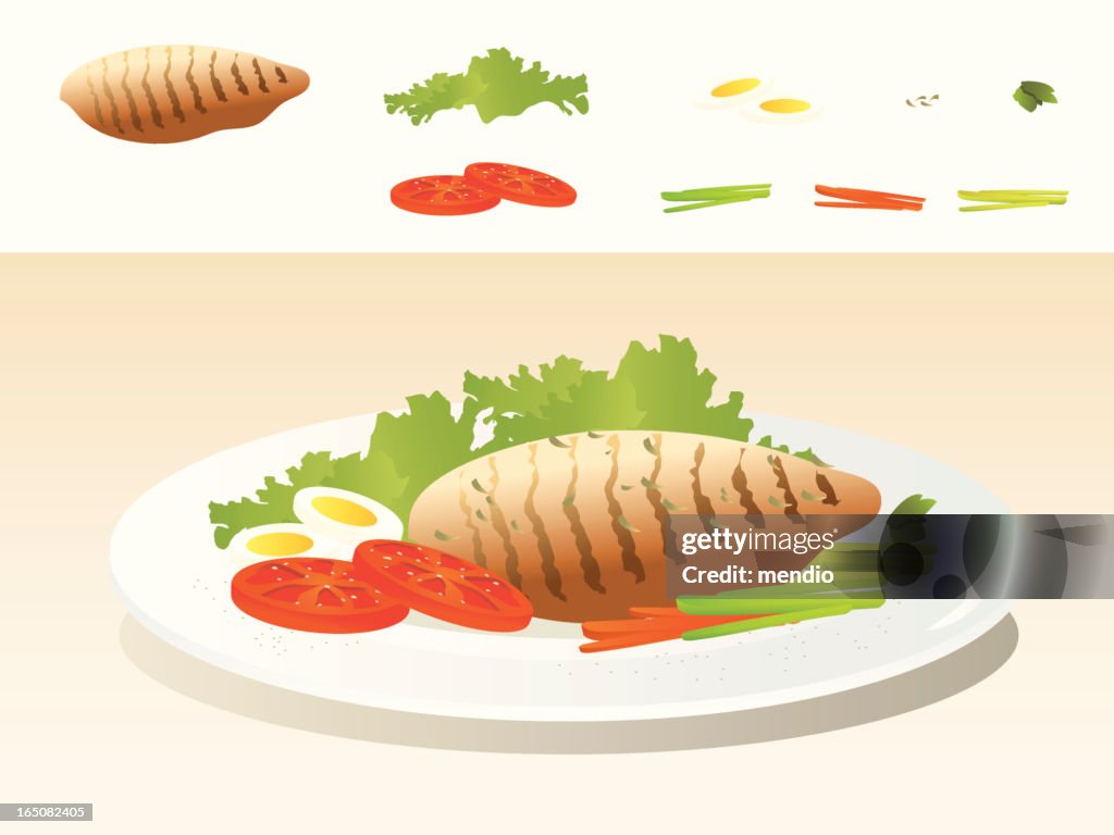 Art depiction of a plate with grilled chicken and veggies