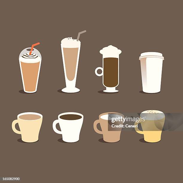 ilustraciones, imágenes clip art, dibujos animados e iconos de stock de diferentes tipos de café - café frappé