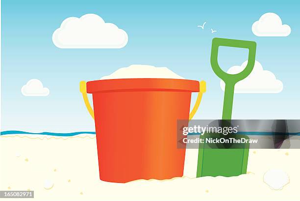 colorful illustration of bucket and spade on the sandy beach - bucket and spade stock illustrations