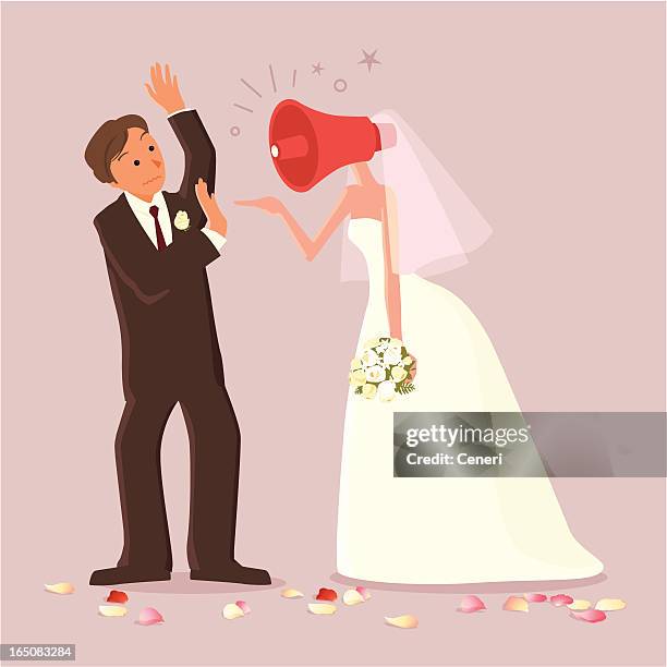 bridezilla yelling at the groom - mad bride stock illustrations