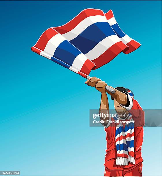 bildbanksillustrationer, clip art samt tecknat material och ikoner med thailand waving flag soccer fan - thailändskt ursprung