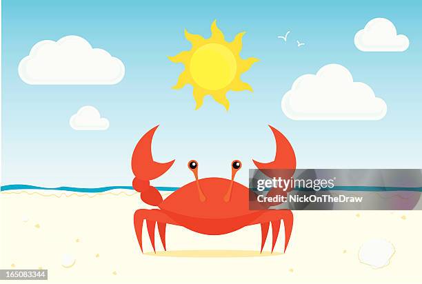 graphic of red crab on a sunny beach - crab stock illustrations