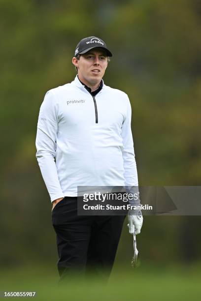 Matt Fitzpatrick of England looks on the 12th hole during Day One of the Omega European Masters at Crans-sur-Sierre Golf Club on August 31, 2023 in...