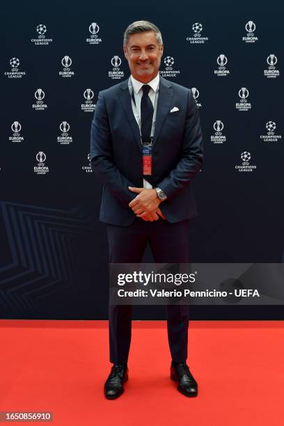 Former Portuguese player Victor Baia poses at the red carpet ahead of the the UEFA Champions League 2023/24 Group Stage Draw at Grimaldi Forum on...